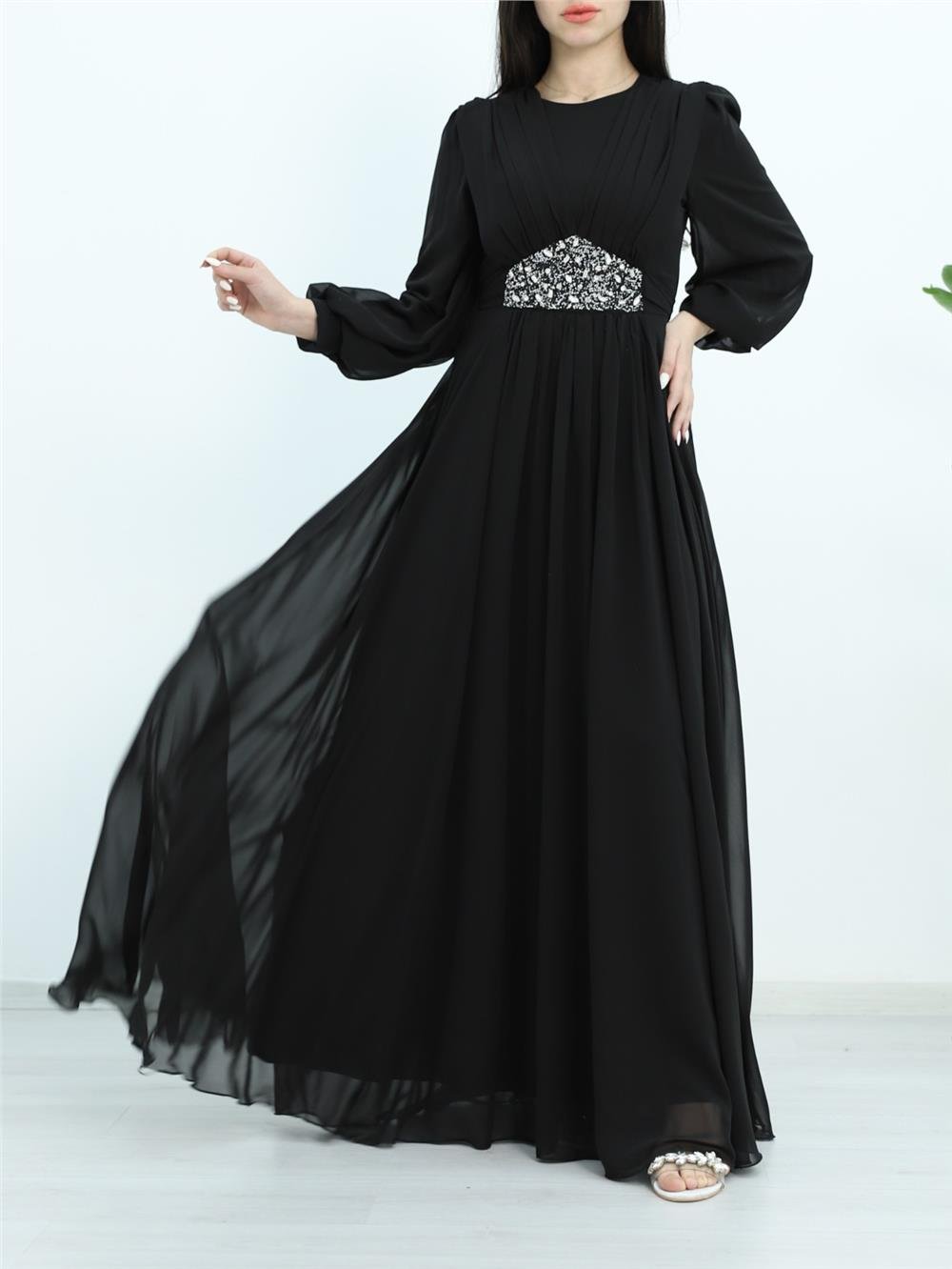 Draped Front, Tied Waist Stone Detailed Evening Dress - Black-316-4515-R01