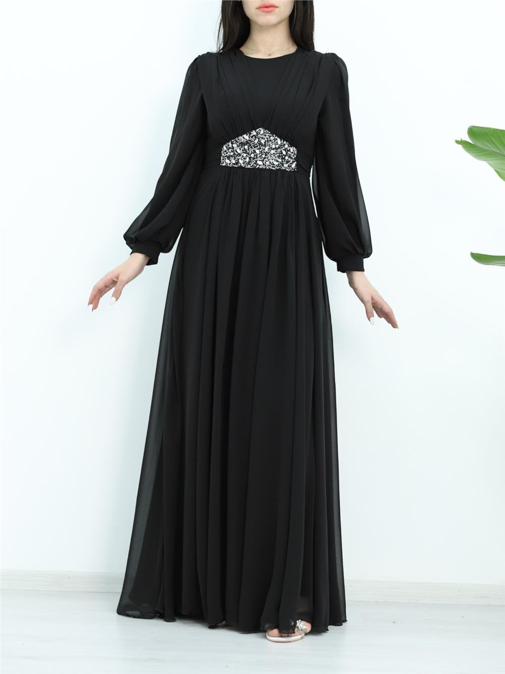 Draped Front, Tied Waist Stone Detailed Evening Dress - Black-316-4515-R01