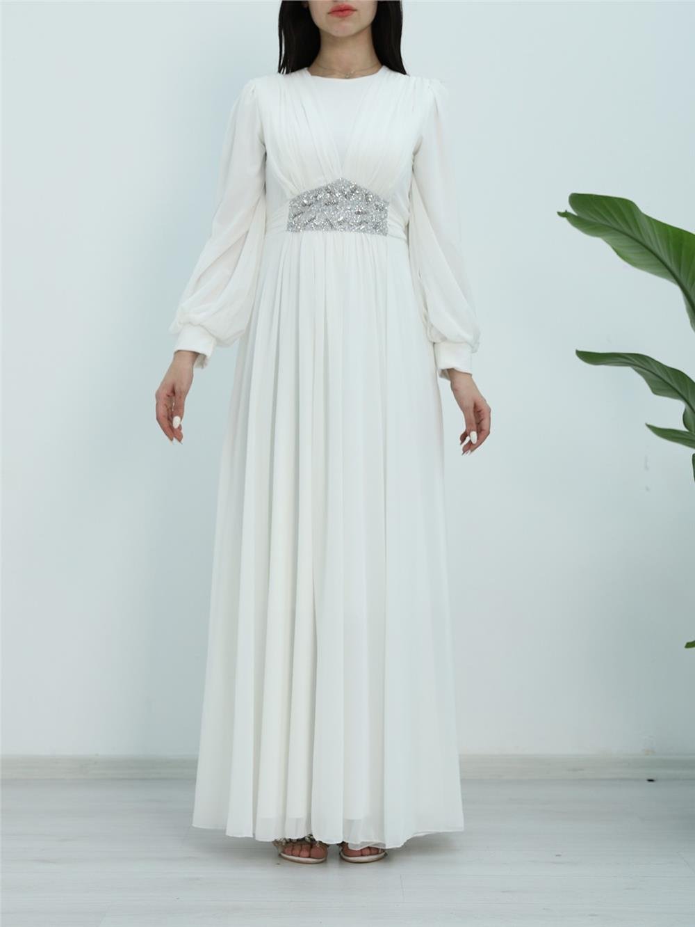 Draped Front, Tied Waist Stone Detailed Evening Dress -White-316-4515-R02
