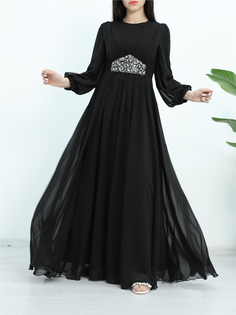 Draped Front, Tied Waist Stone Detailed Evening Dress - Black-316-4515-R01