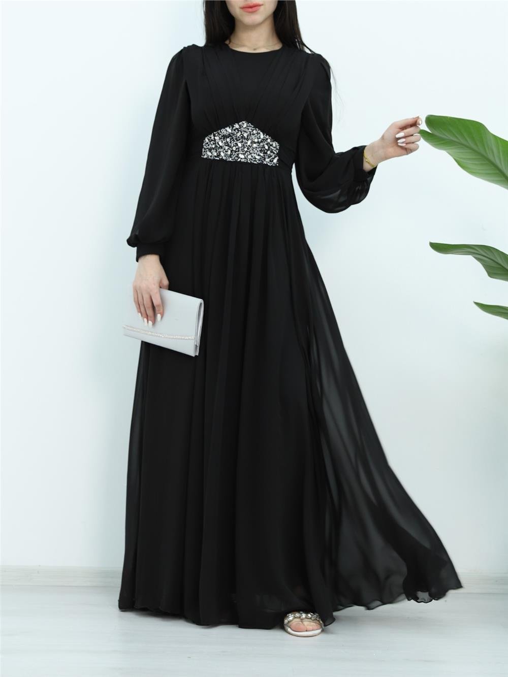 Draped Front, Tied Waist Stone Detailed Evening Dress - Black-316-4515-R01