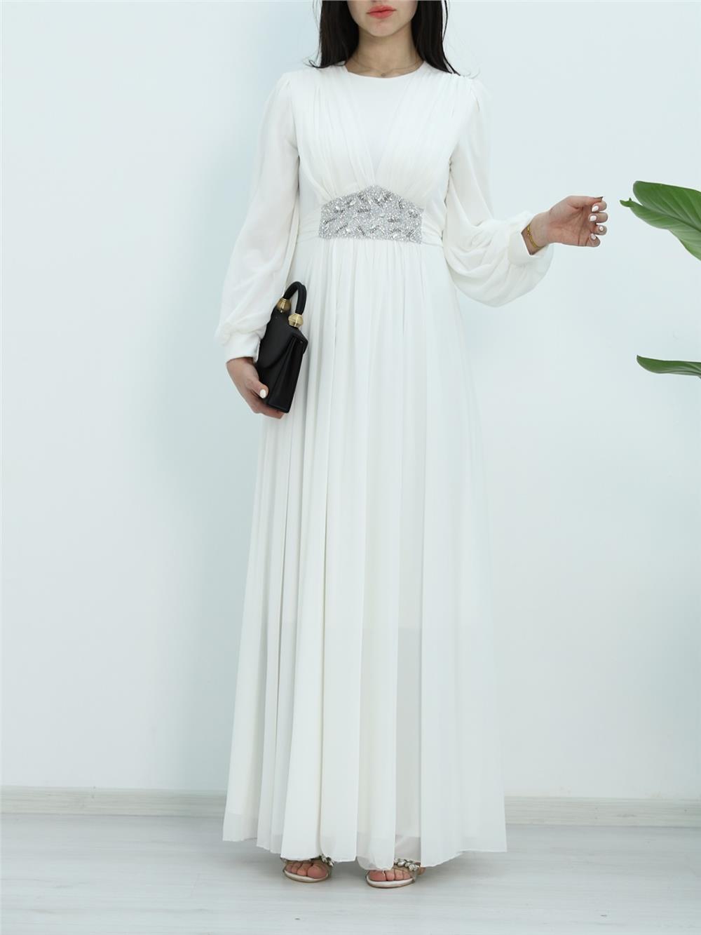Draped Front, Tied Waist Stone Detailed Evening Dress -White-316-4515-R02