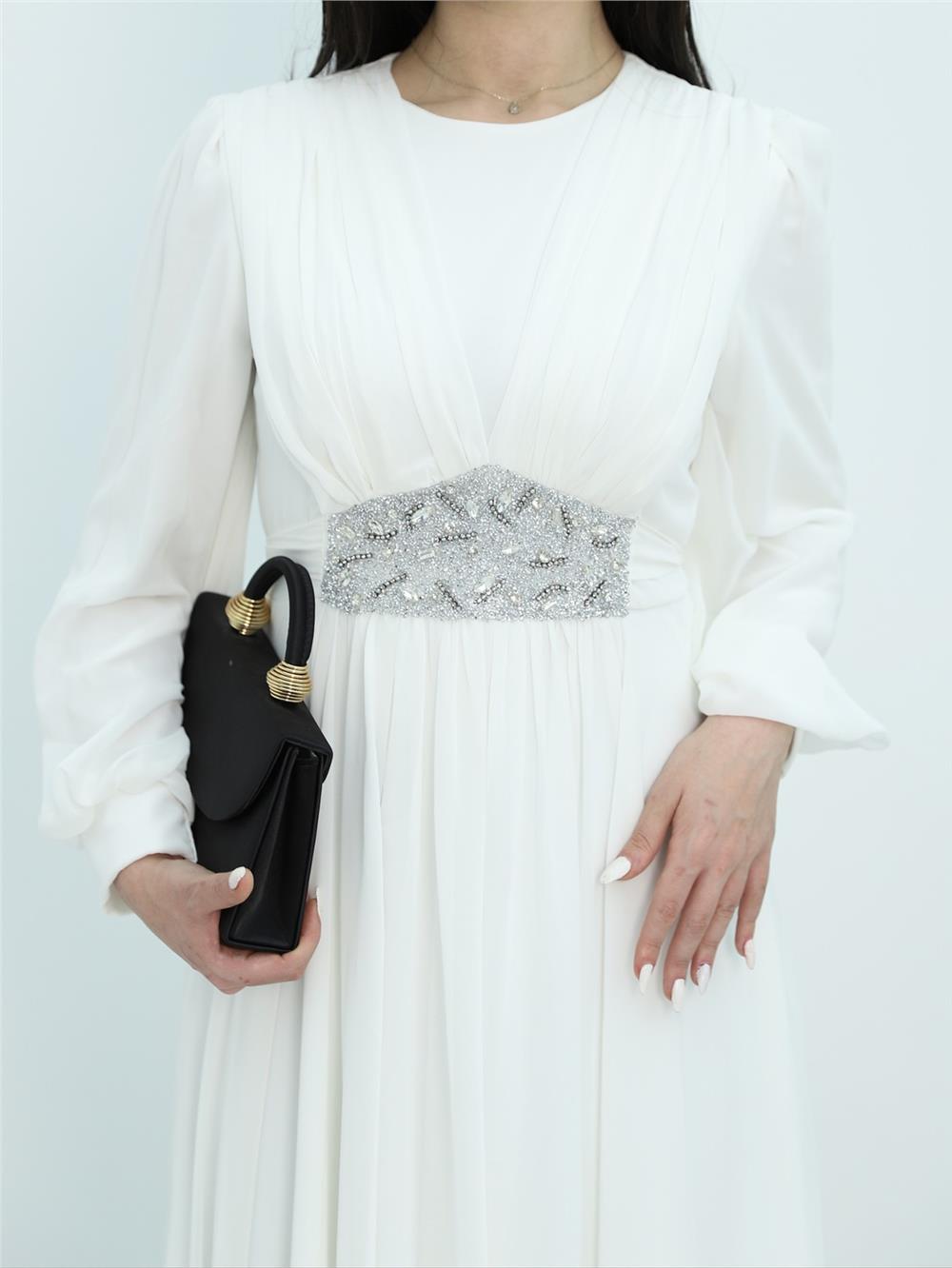 Draped Front, Tied Waist Stone Detailed Evening Dress -White-316-4515-R02