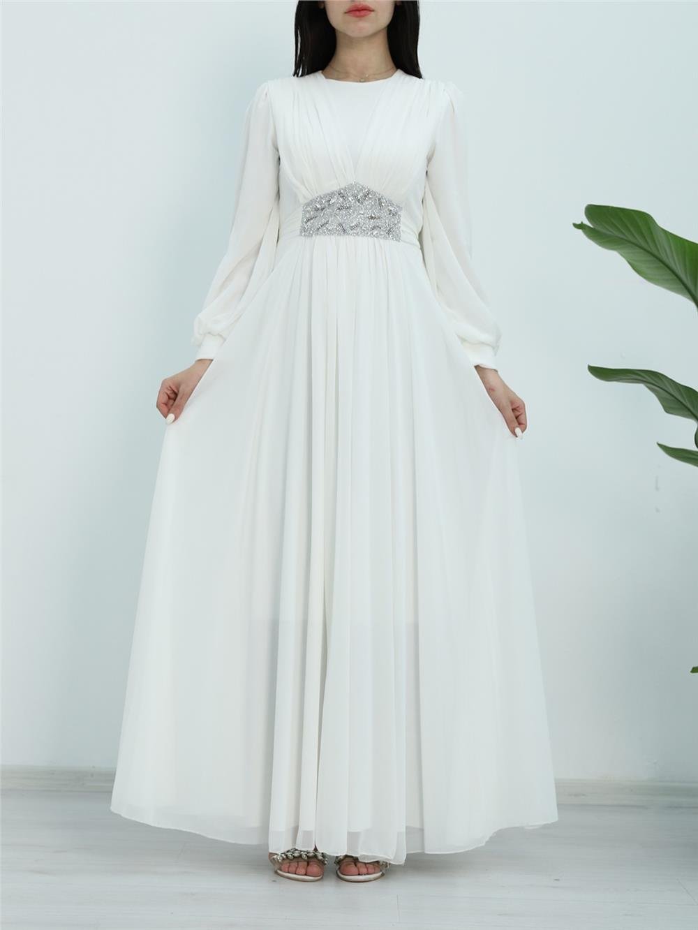 Draped Front, Tied Waist Stone Detailed Evening Dress -White-316-4515-R02