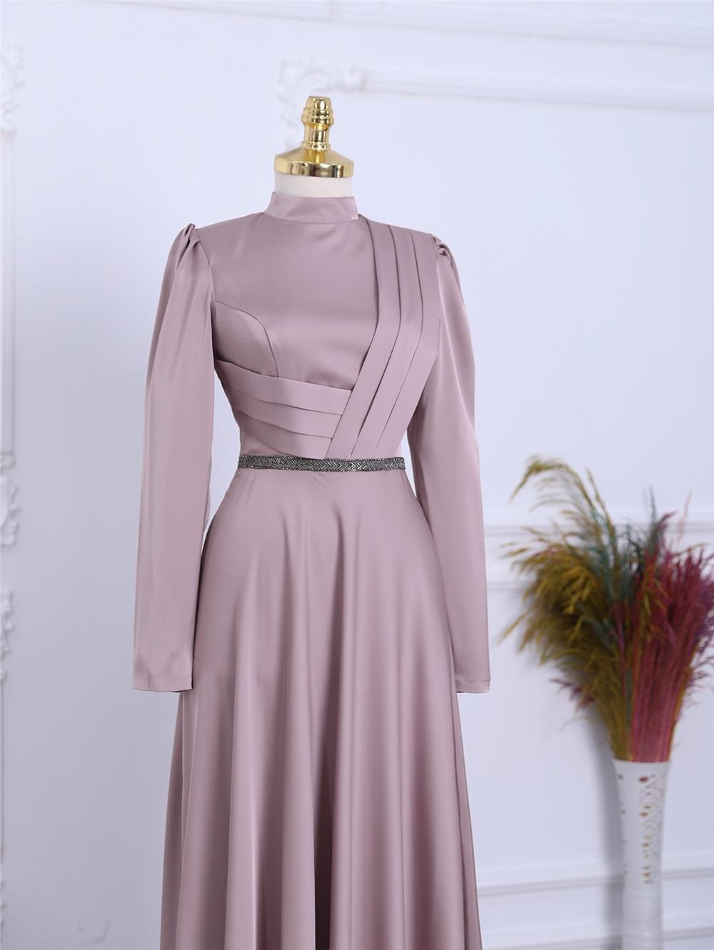Front Draped Waist Bead Detailed Satin Evening Dress -Powder-337-6750-R06
