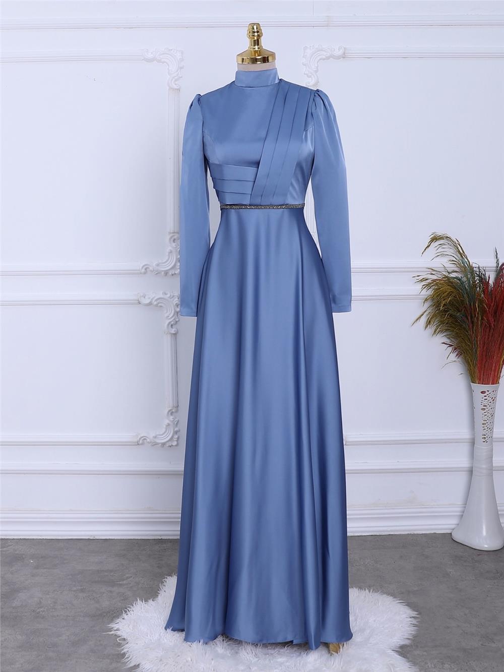 Front Draped Waist Bead Detailed Satin Evening Dress -Blue-337-6750-R31