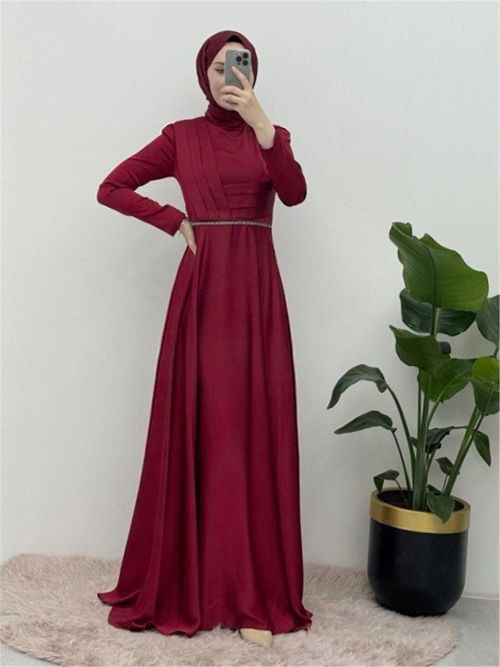 Front Draped Waist Bead Detailed Satin Evening Dress -Maroon-337-6750-R04