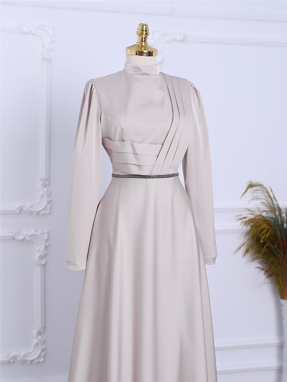 Front Draped Waist Bead Detailed Satin Evening Dress -Beige-337-6750-R56