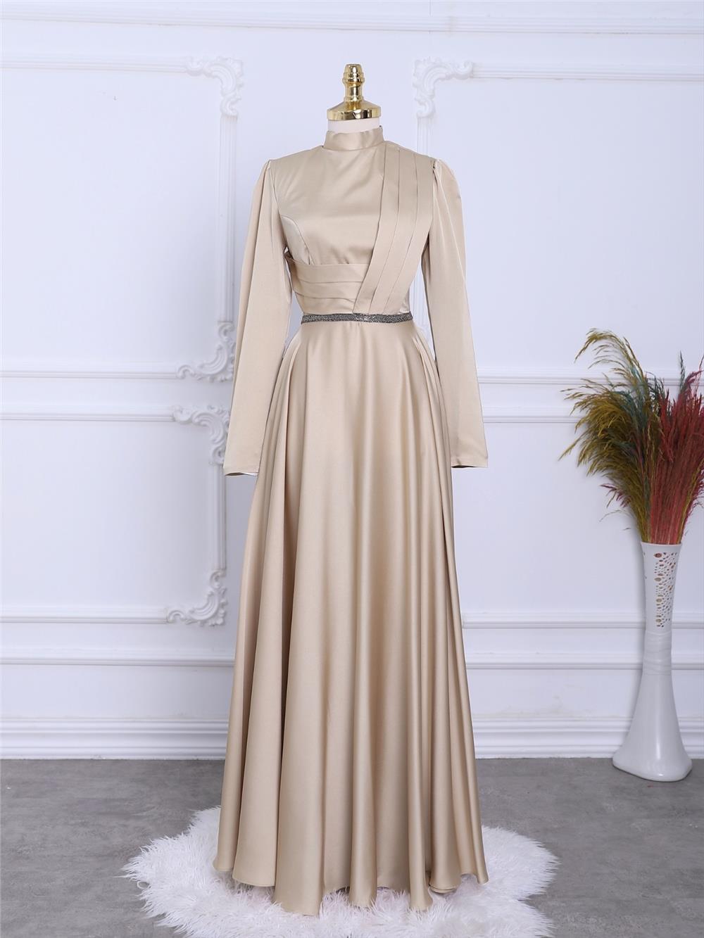 Front Draped Waist Bead Detailed Satin Evening Dress -Gold-337-6750-R46