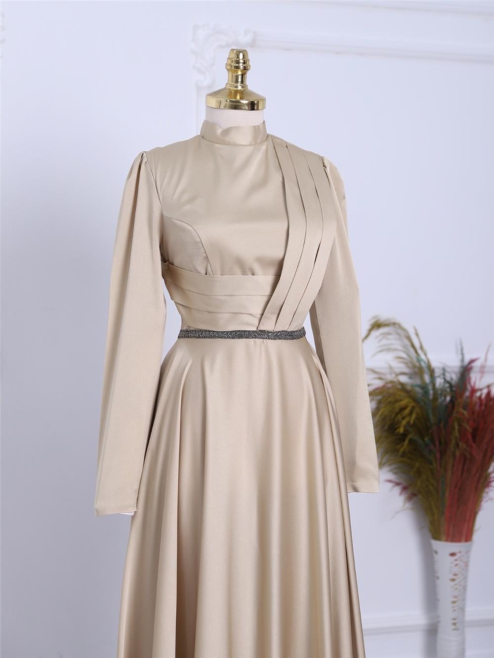 Front Draped Waist Bead Detailed Satin Evening Dress -Gold-337-6750-R46