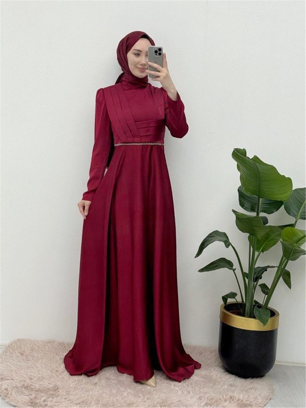 Front Draped Waist Bead Detailed Satin Evening Dress -Maroon-337-6750-R04