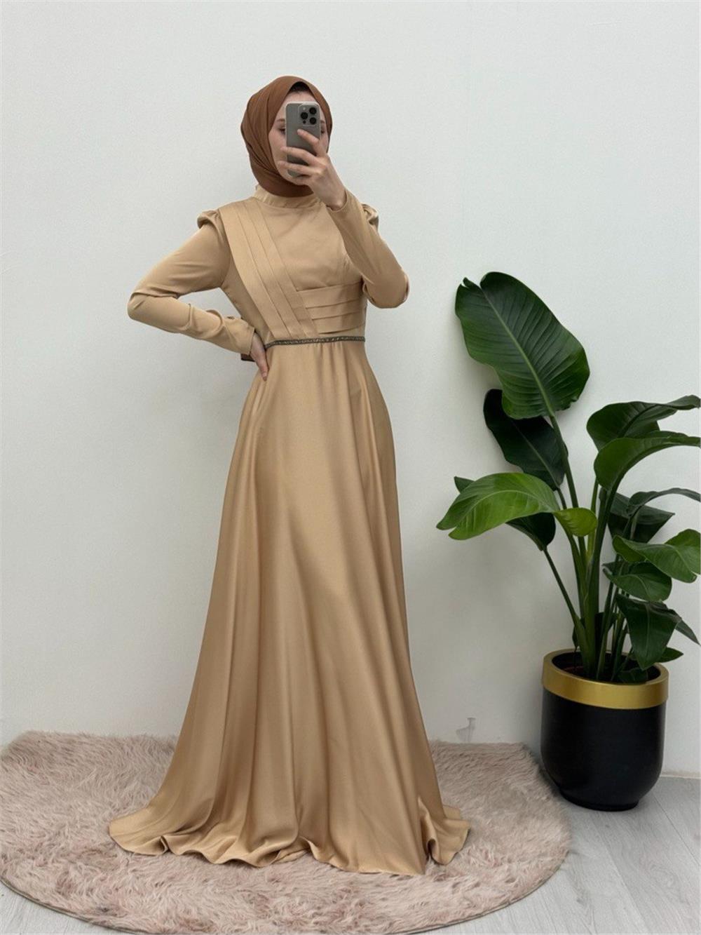 Front Draped Waist Bead Detailed Satin Evening Dress -Light Mink-337-6750-R51