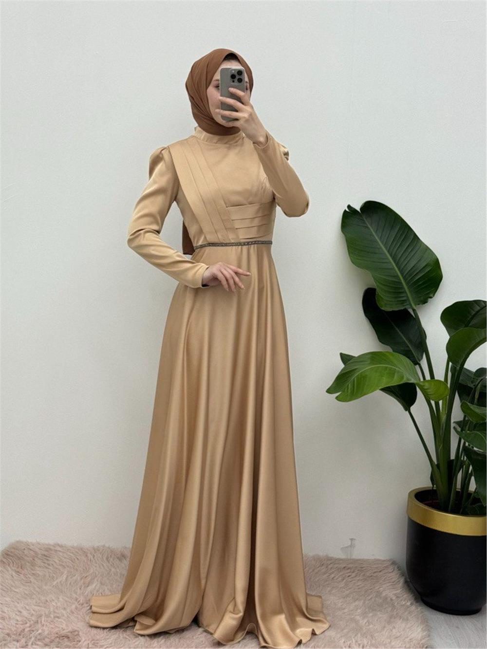 Front Draped Waist Bead Detailed Satin Evening Dress -Light Mink-337-6750-R51