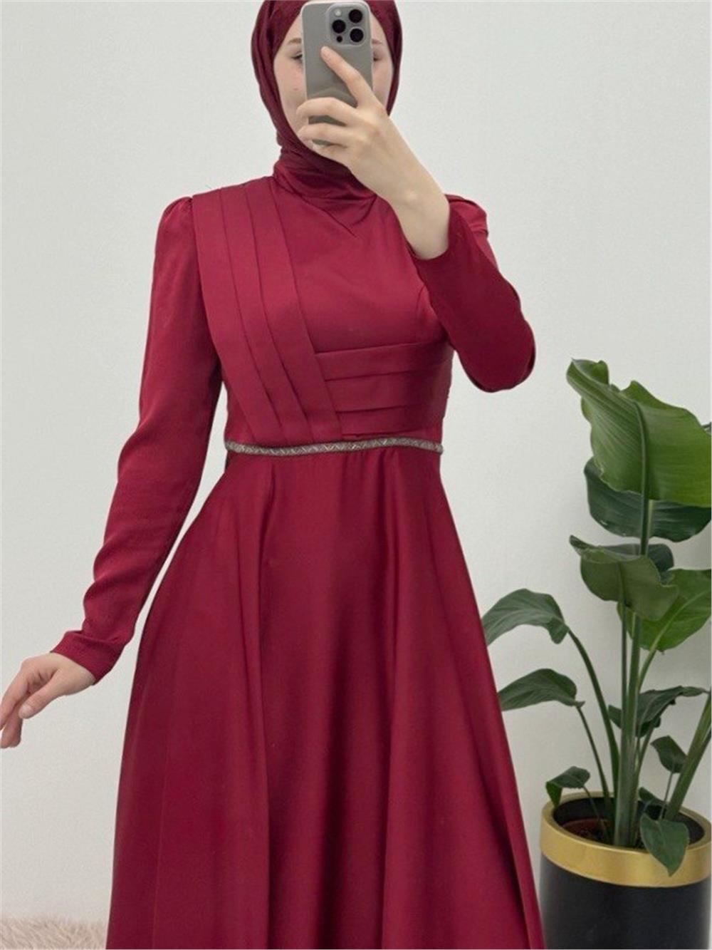 Front Draped Waist Bead Detailed Satin Evening Dress -Maroon-337-6750-R04