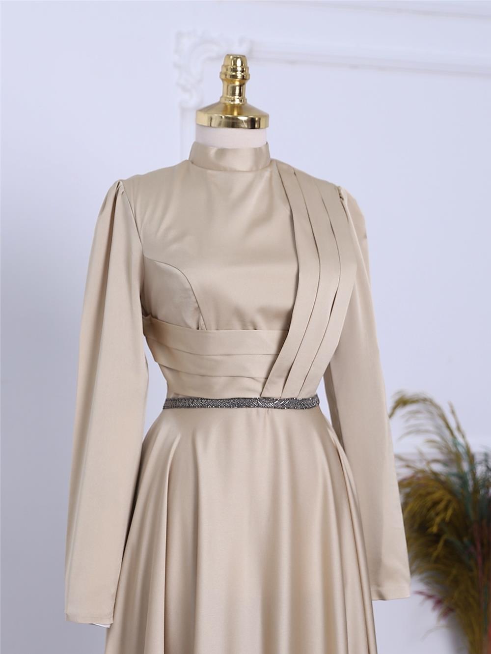 Front Draped Waist Bead Detailed Satin Evening Dress -Gold-337-6750-R46
