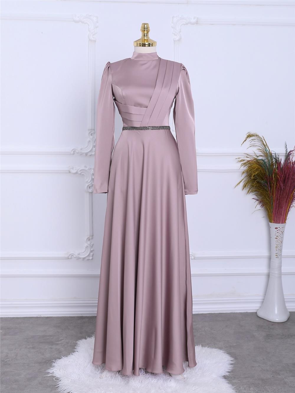 Front Draped Waist Bead Detailed Satin Evening Dress -Powder-337-6750-R06