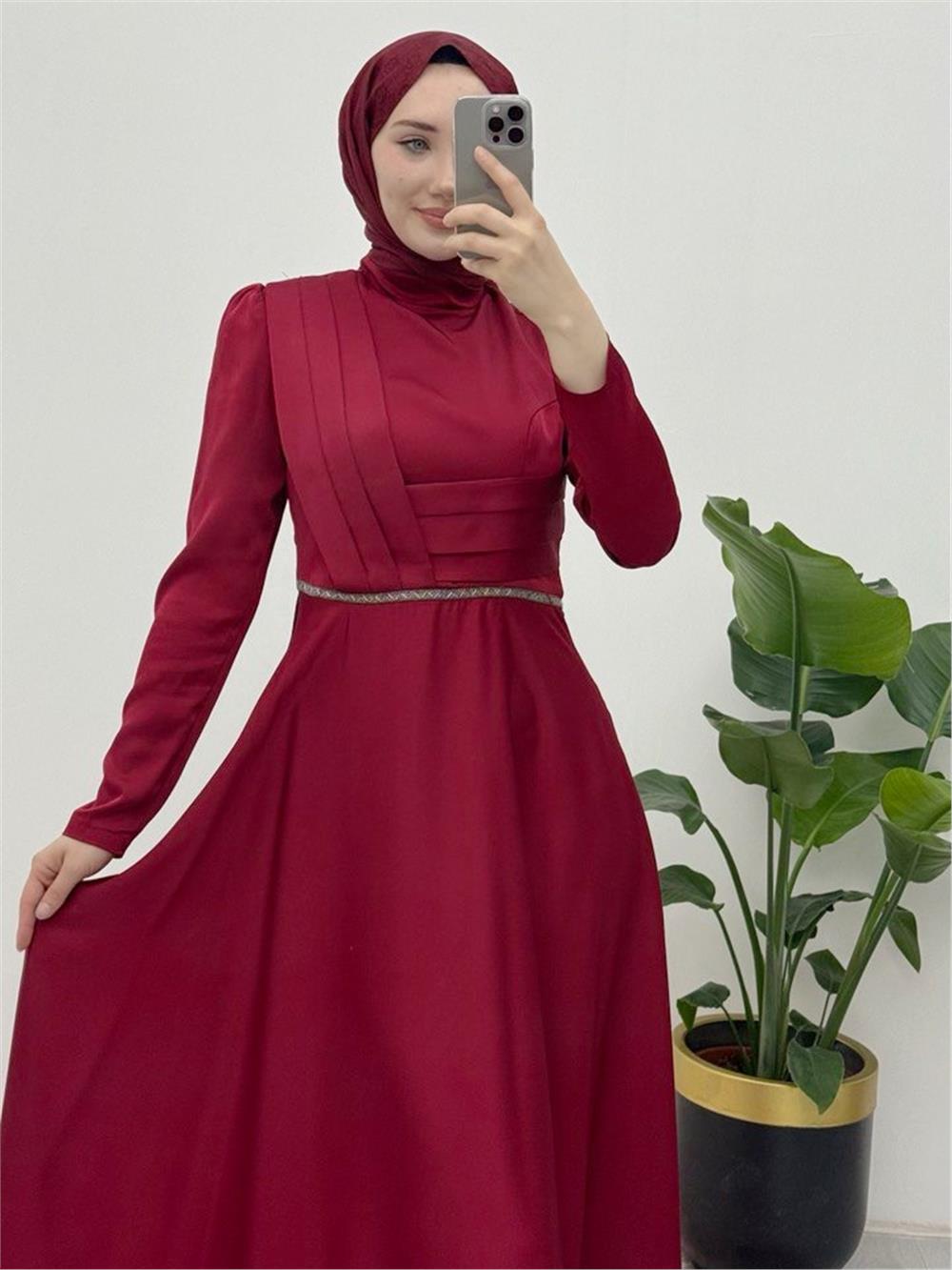 Front Draped Waist Bead Detailed Satin Evening Dress -Maroon-337-6750-R04