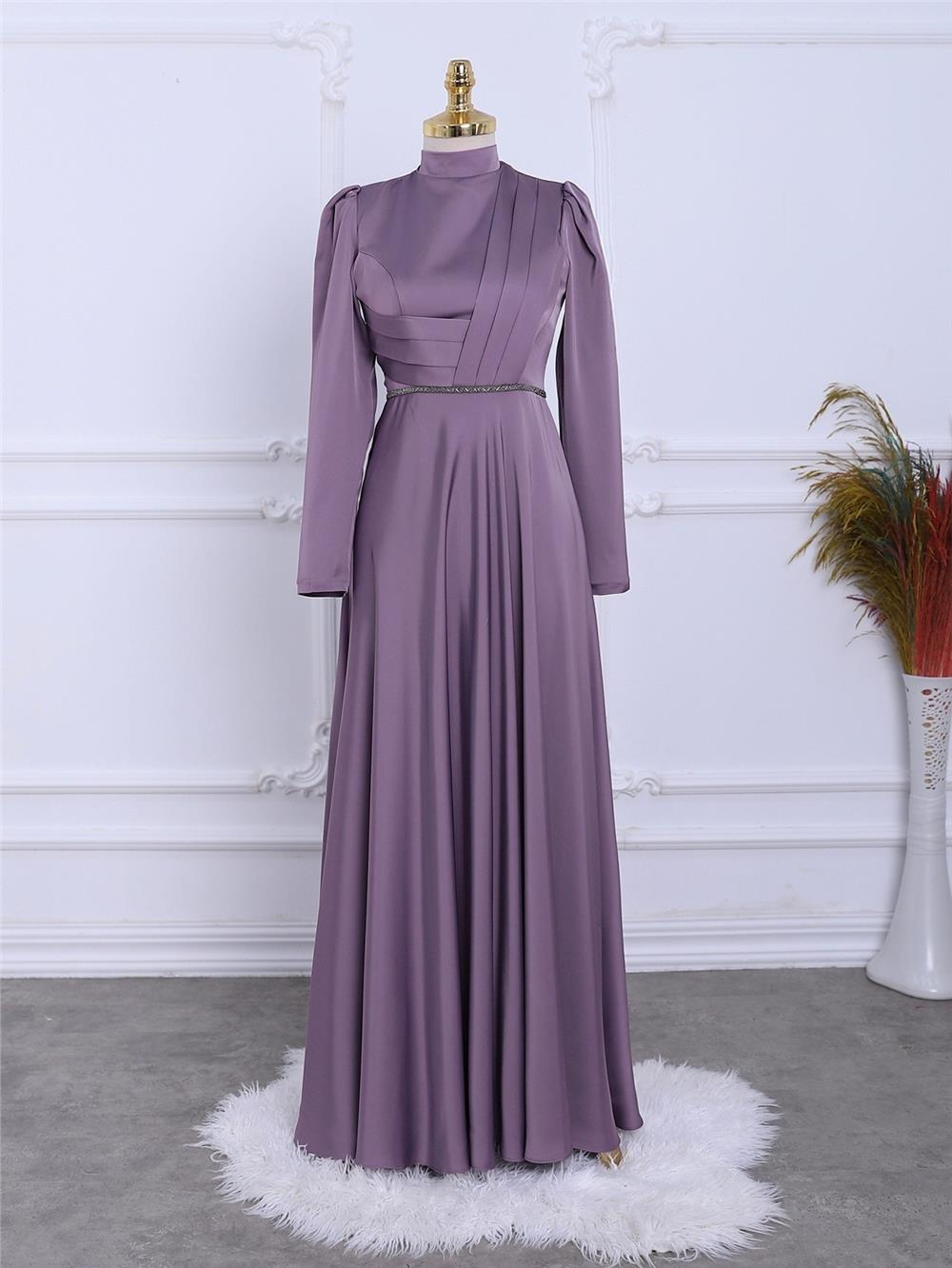 Front Draped Waist Bead Detailed Satin Evening Dress -Lilac-337-6750-R42