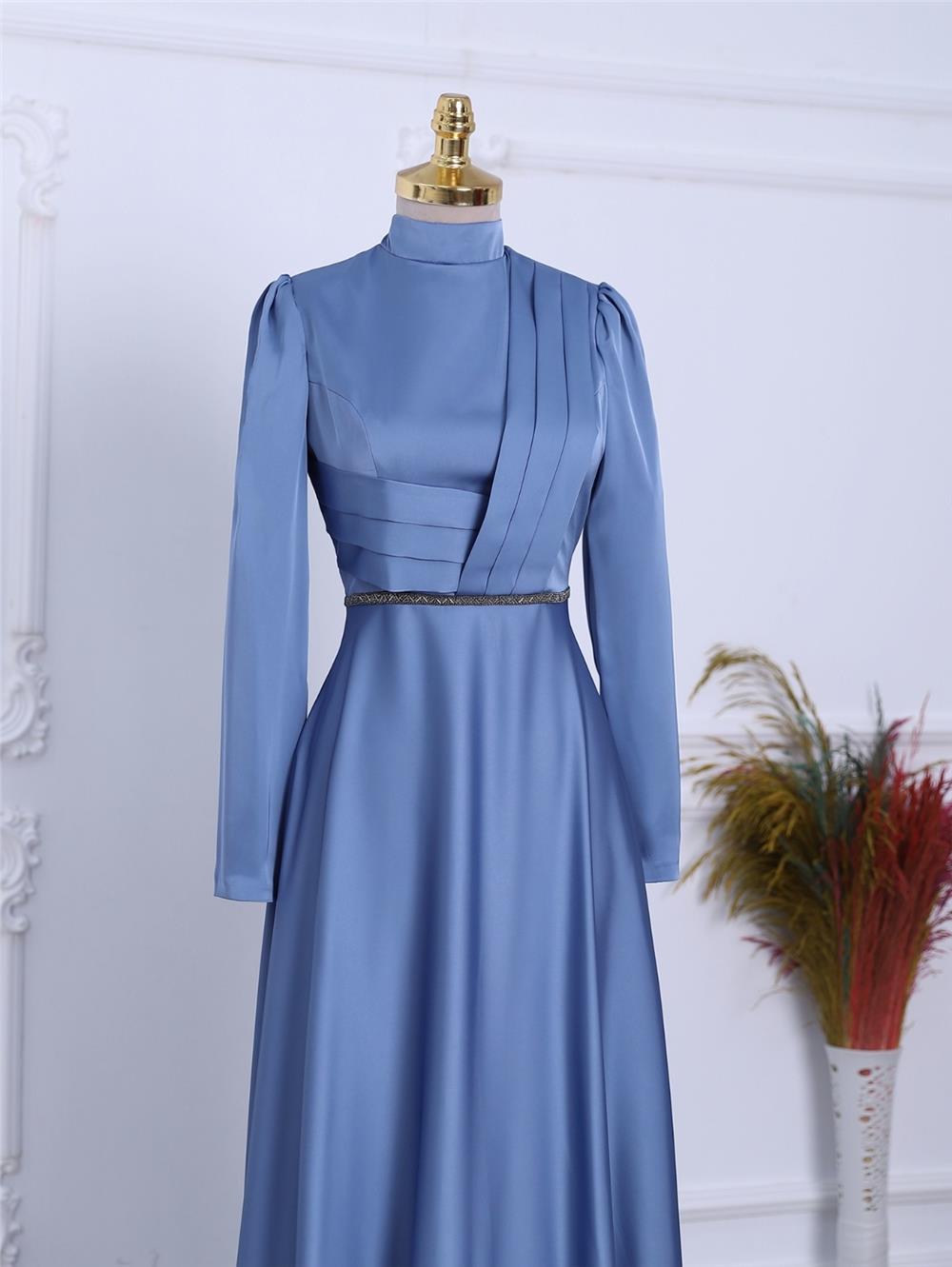 Front Draped Waist Bead Detailed Satin Evening Dress -Blue-337-6750-R31