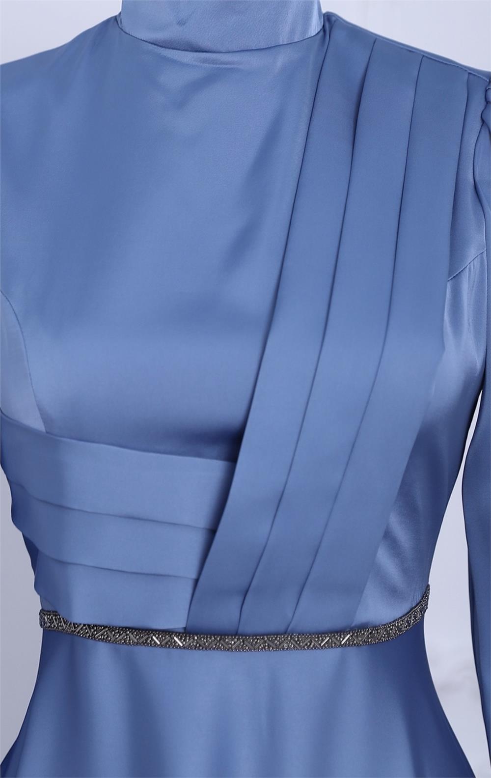 Front Draped Waist Bead Detailed Satin Evening Dress -Blue-337-6750-R31