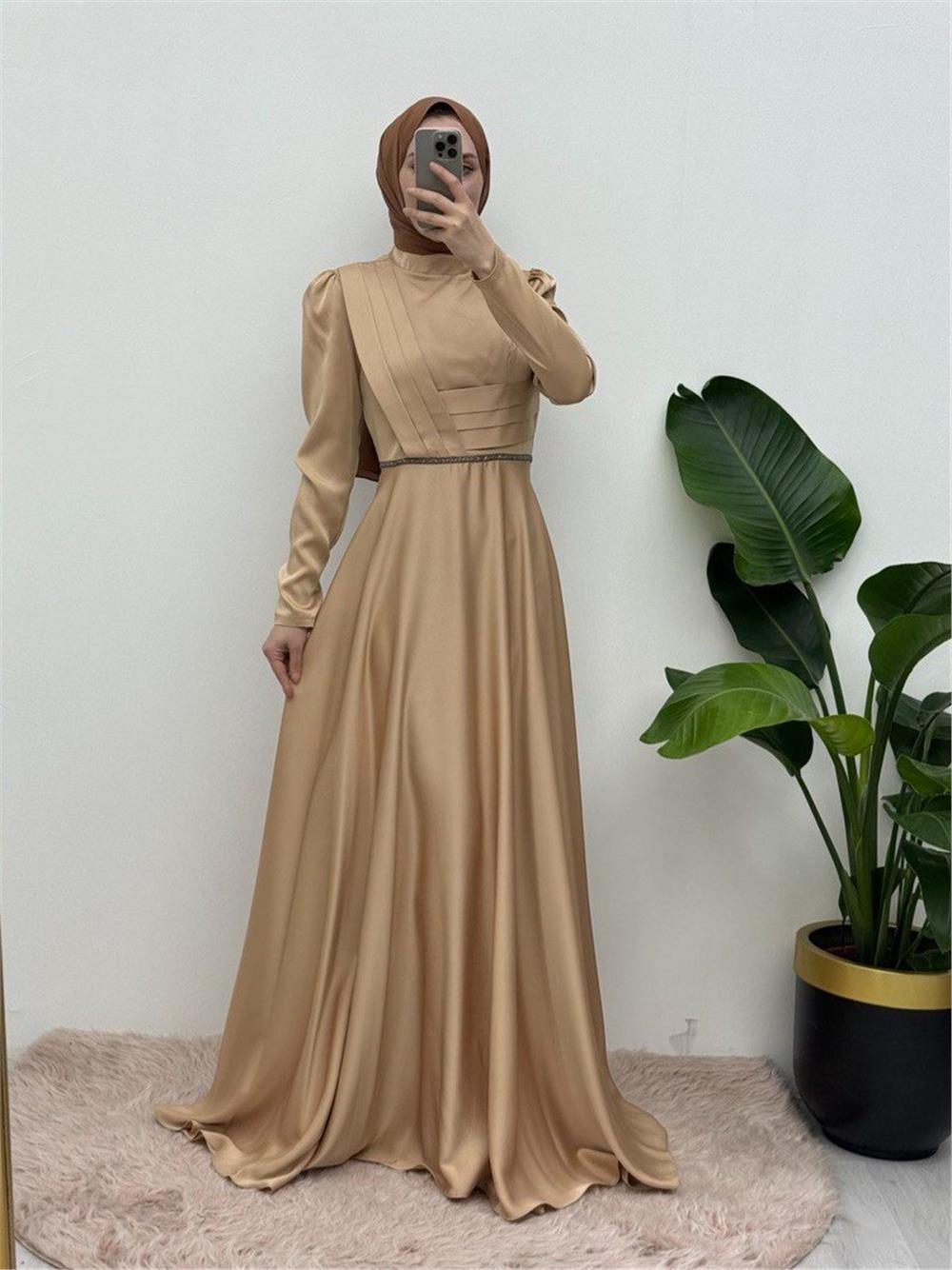Front Draped Waist Bead Detailed Satin Evening Dress -Light Mink-337-6750-R51