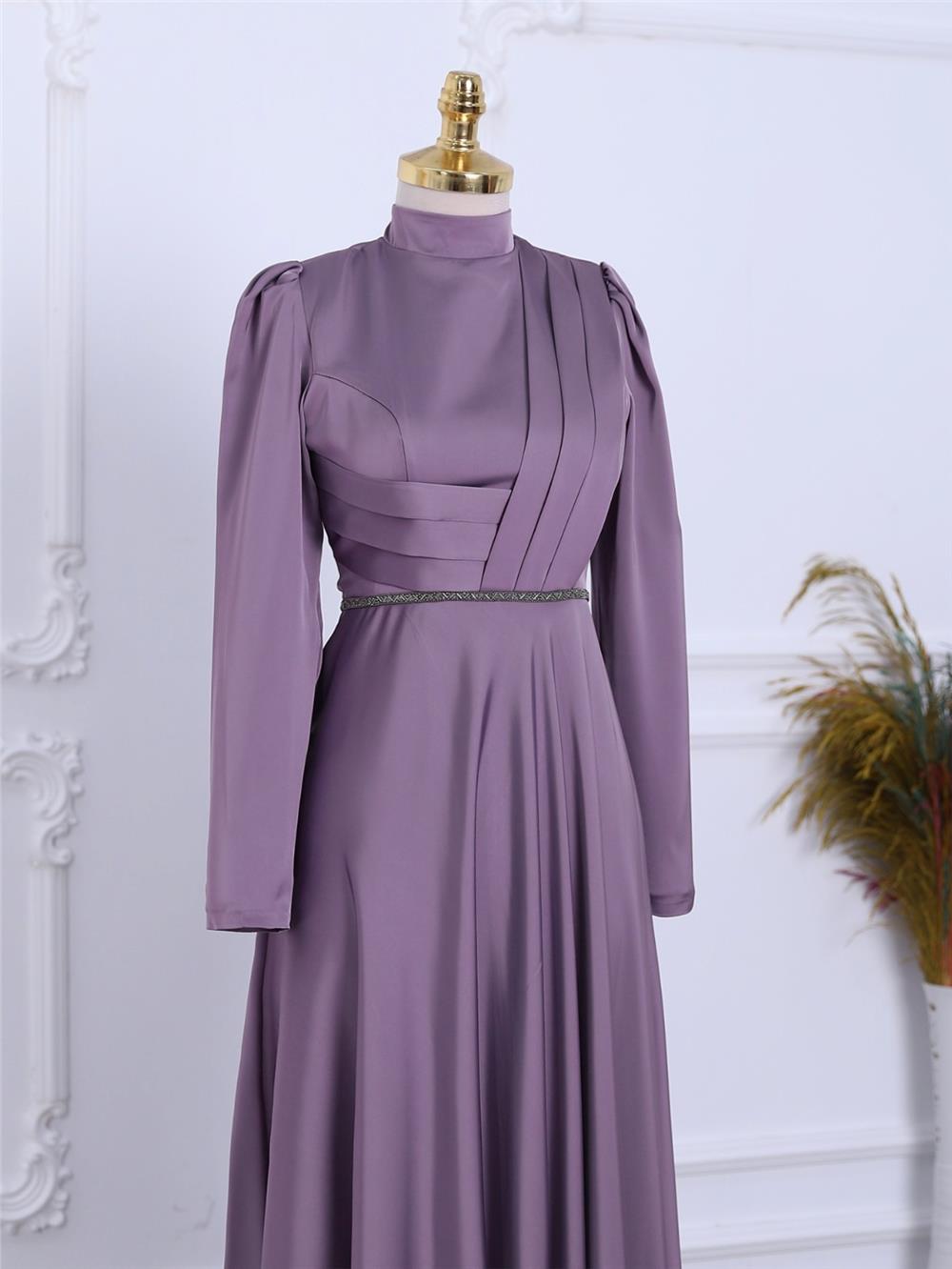 Front Draped Waist Bead Detailed Satin Evening Dress -Lilac-337-6750-R42