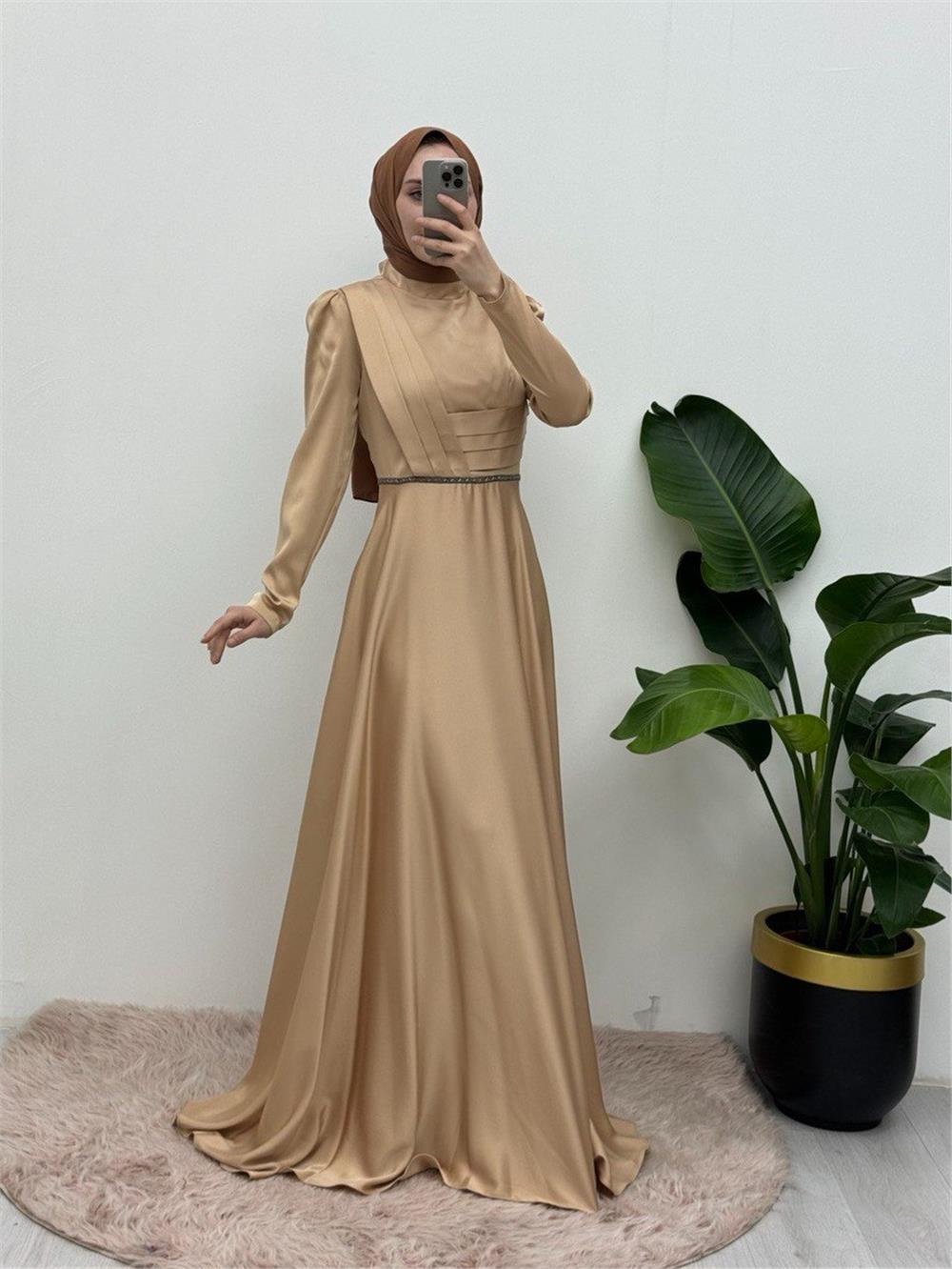 Front Draped Waist Bead Detailed Satin Evening Dress -Light Mink-337-6750-R51