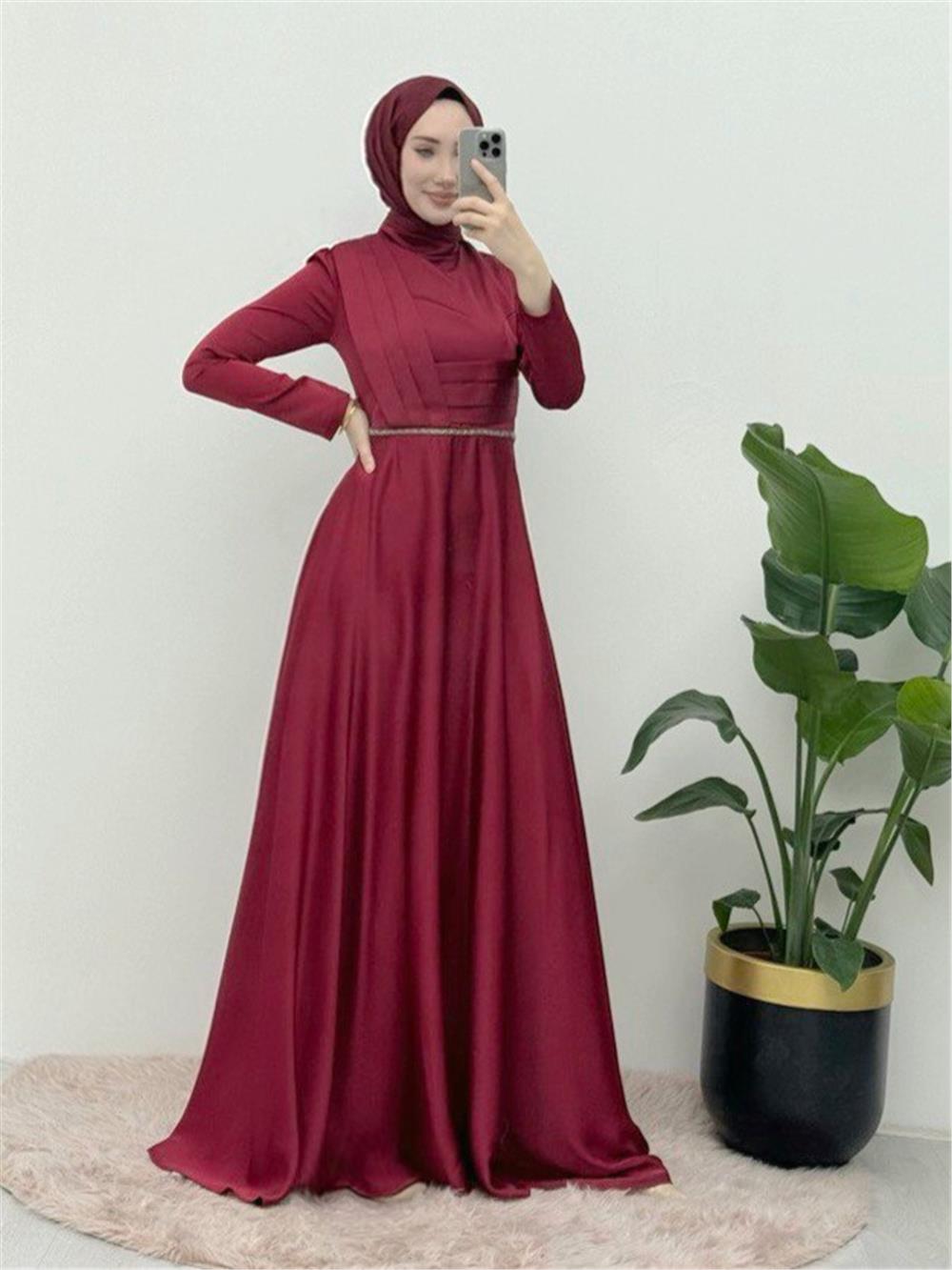 Front Draped Waist Bead Detailed Satin Evening Dress -Maroon-337-6750-R04