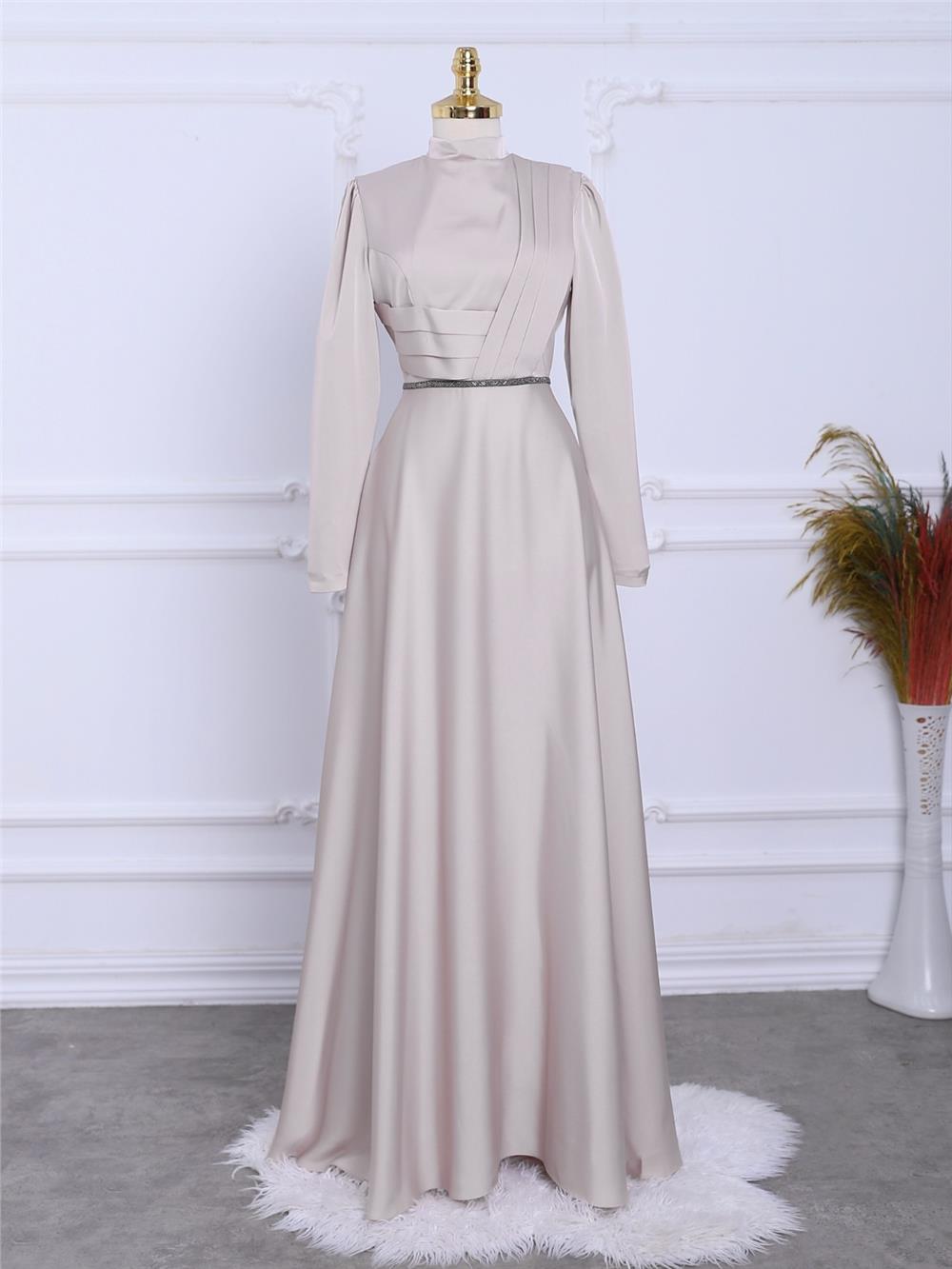 Front Draped Waist Bead Detailed Satin Evening Dress -Beige-337-6750-R56