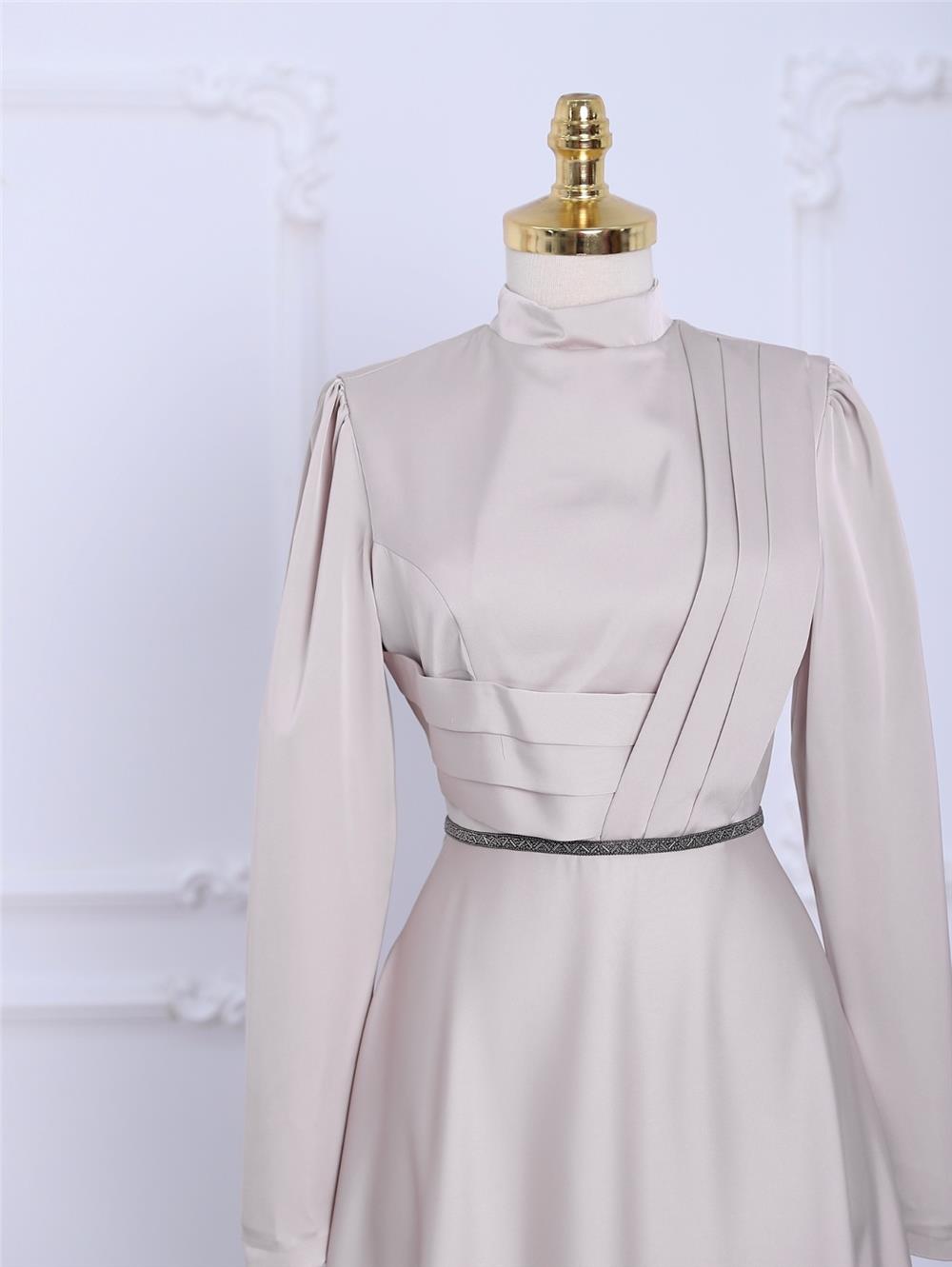 Front Draped Waist Bead Detailed Satin Evening Dress -Beige-337-6750-R56