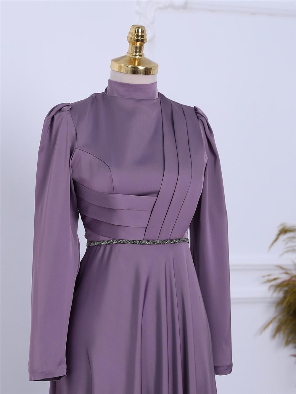 Front Draped Waist Bead Detailed Satin Evening Dress -Lilac-337-6750-R42