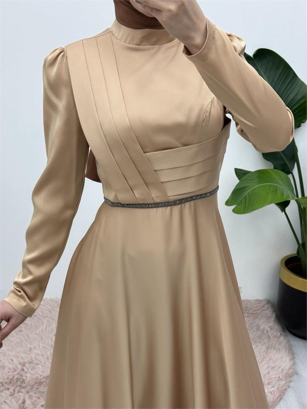 Front Draped Waist Bead Detailed Satin Evening Dress -Light Mink-337-6750-R51