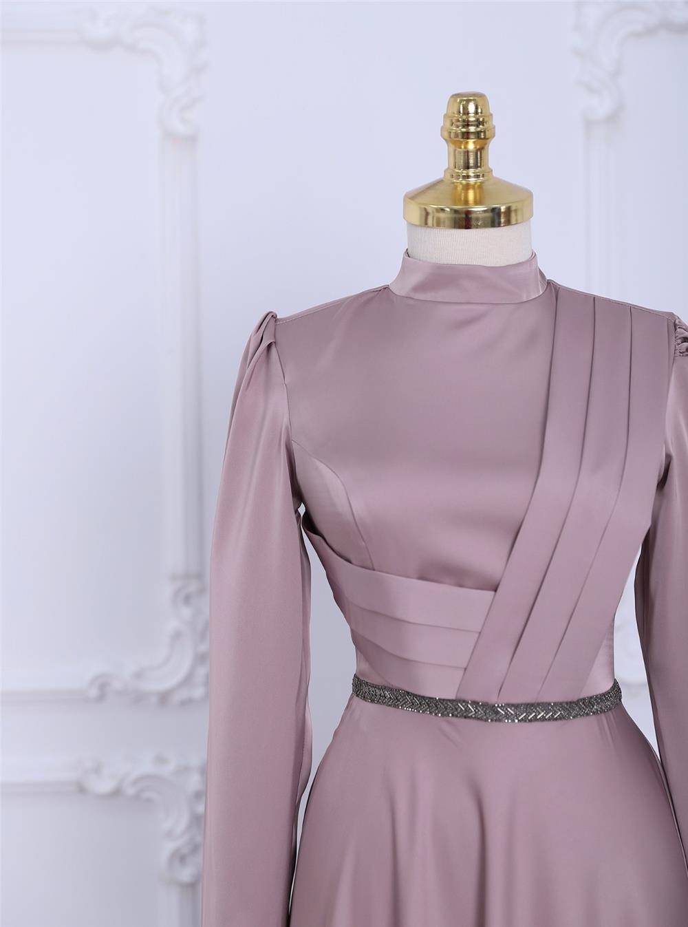 Front Draped Waist Bead Detailed Satin Evening Dress -Powder-337-6750-R06