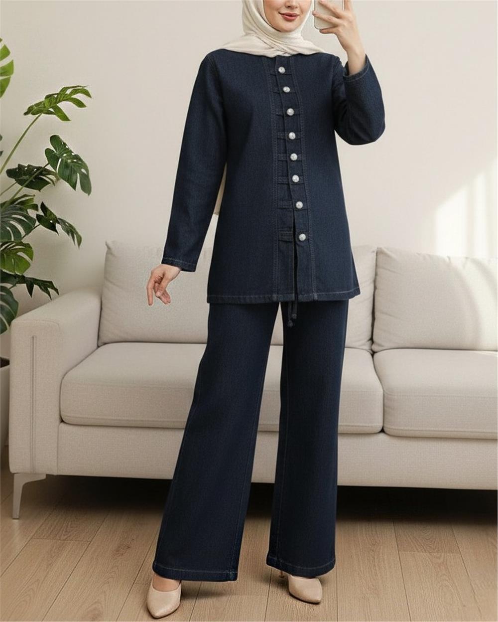 Önü Düğmeli Pantolonlu Kot Takım -Laci-417-17271-R03