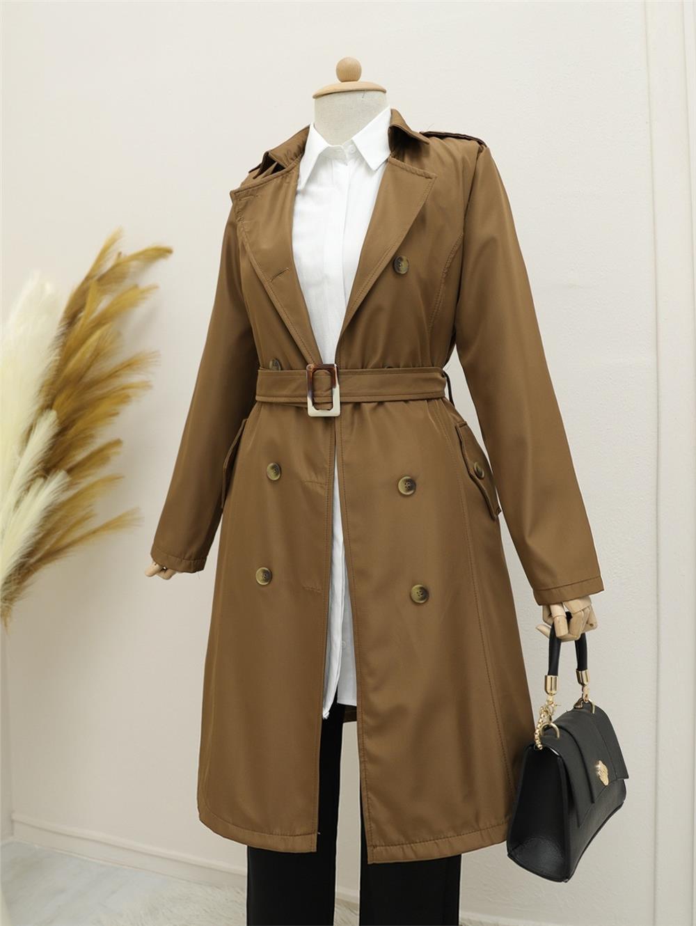 Button Front Buckle Belted Trench Coat -Tan-197-4491-R12