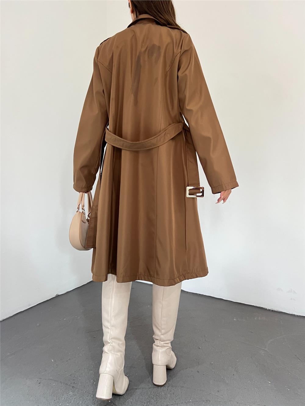 Button Front Buckle Belted Trench Coat -Tan-197-4491-R12