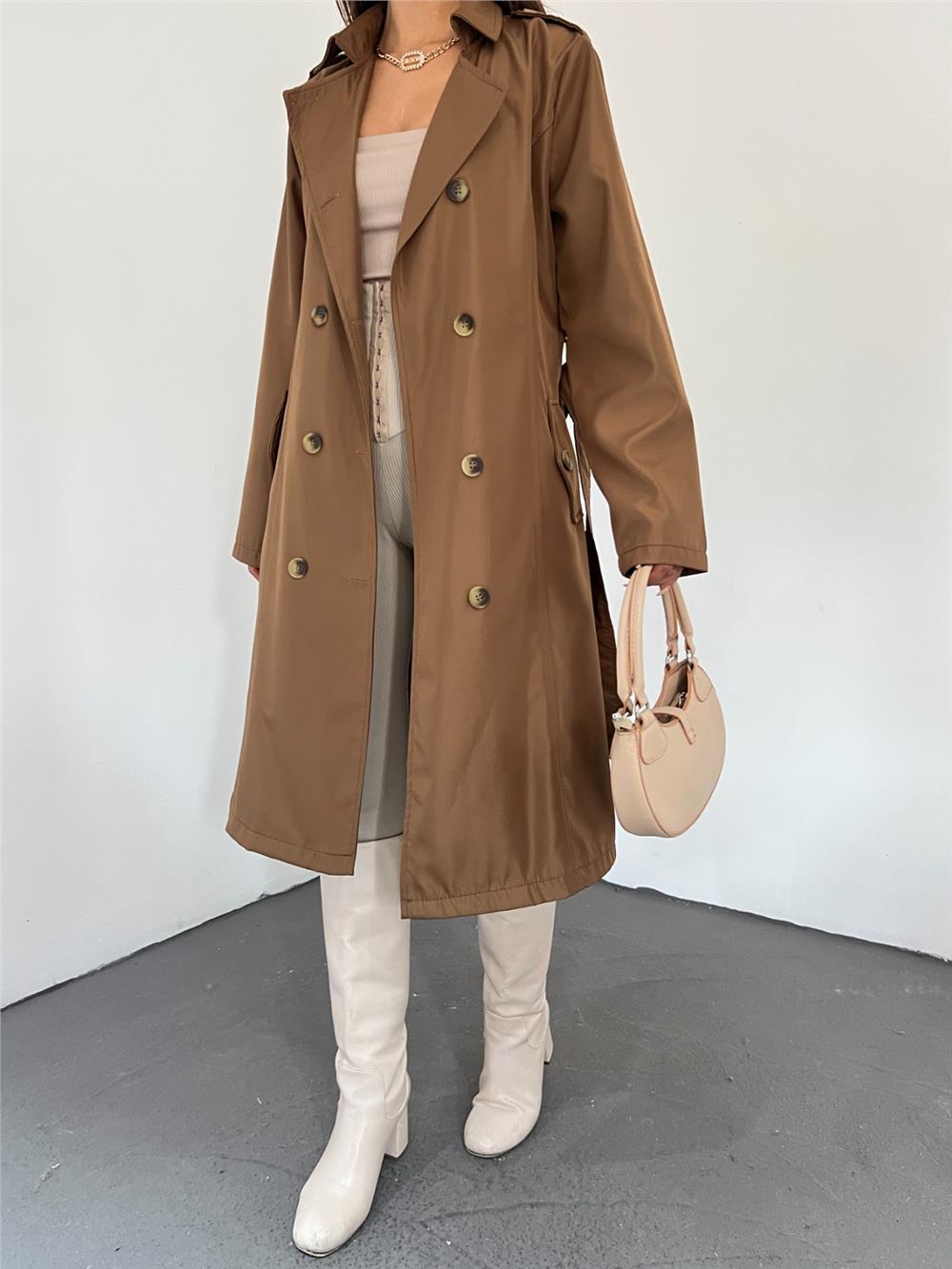 Button Front Buckle Belted Trench Coat -Tan-197-4491-R12