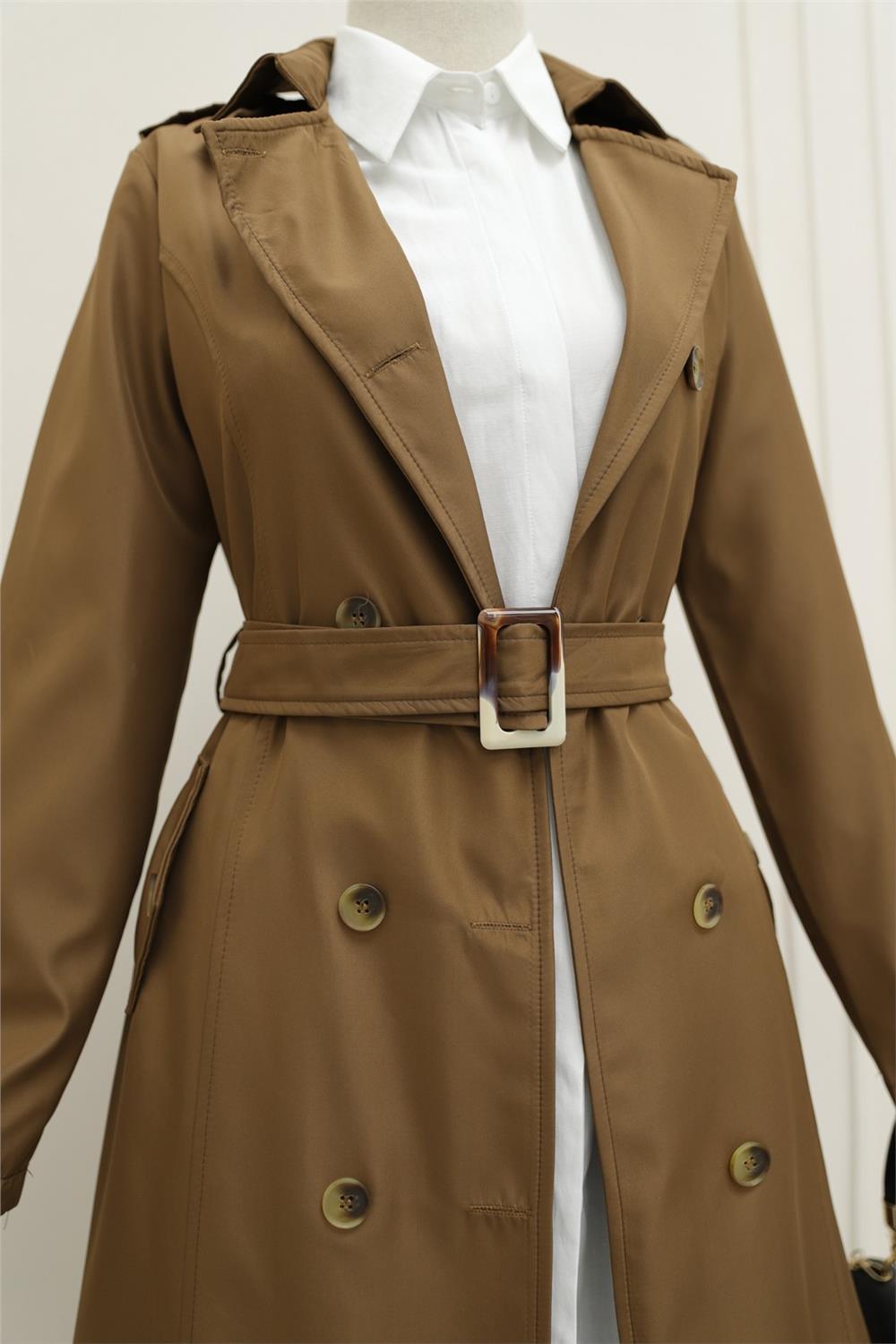 Button Front Buckle Belted Trench Coat -Tan-197-4491-R12