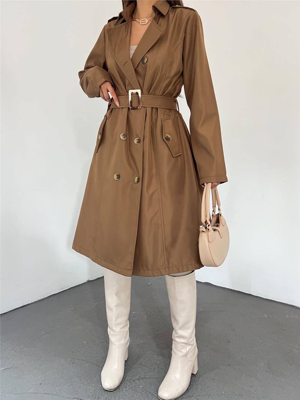 Button Front Buckle Belted Trench Coat -Tan-197-4491-R12
