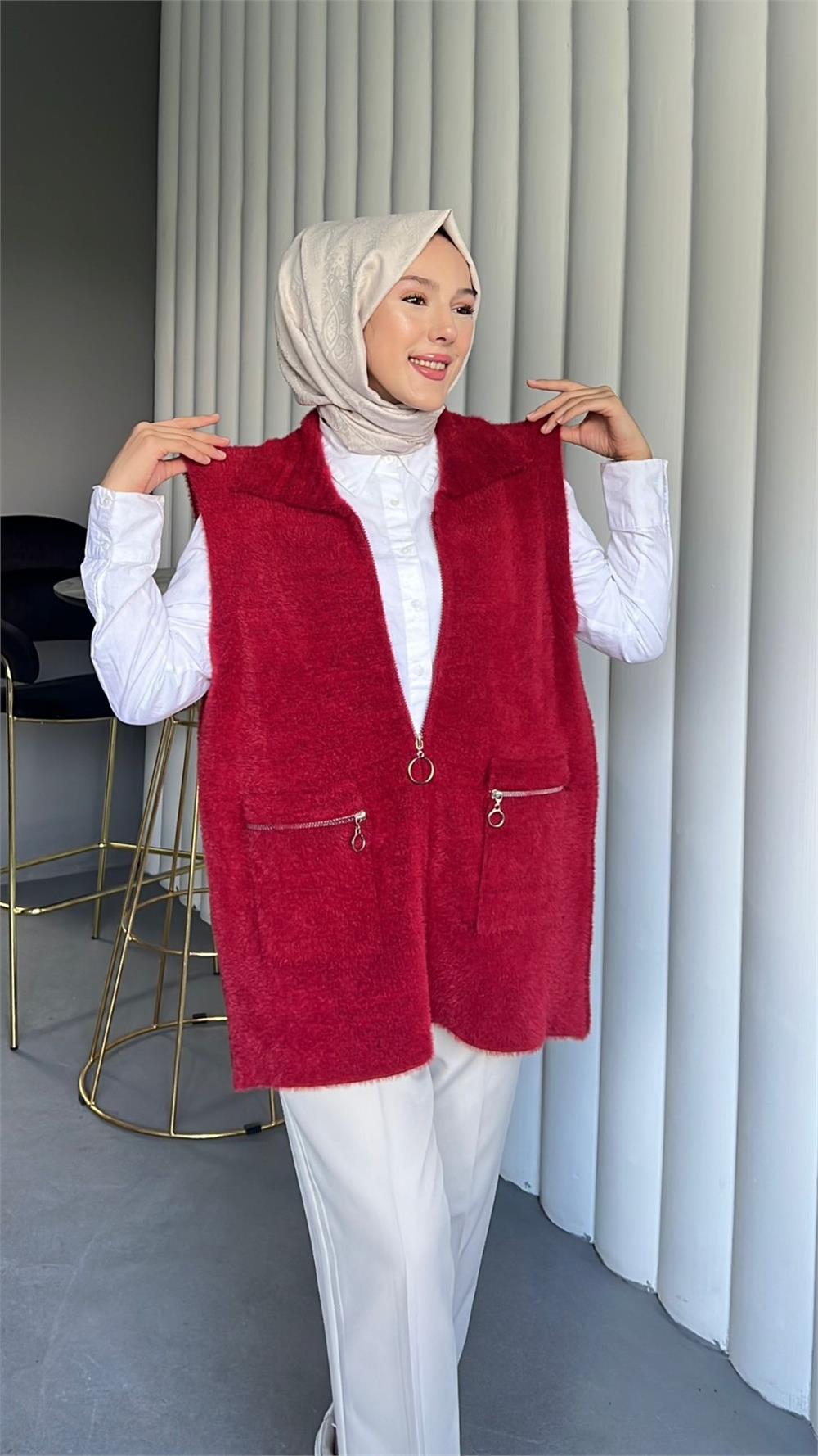 Önü Fermuarlı Torba Cepli Sakallı Yelek -Kırmızı-144-735-R33