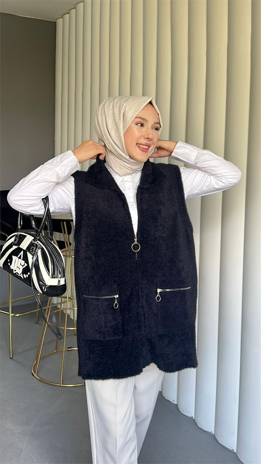 Önü Fermuarlı Torba Cepli Sakallı Yelek -Siyah-144-735-R01