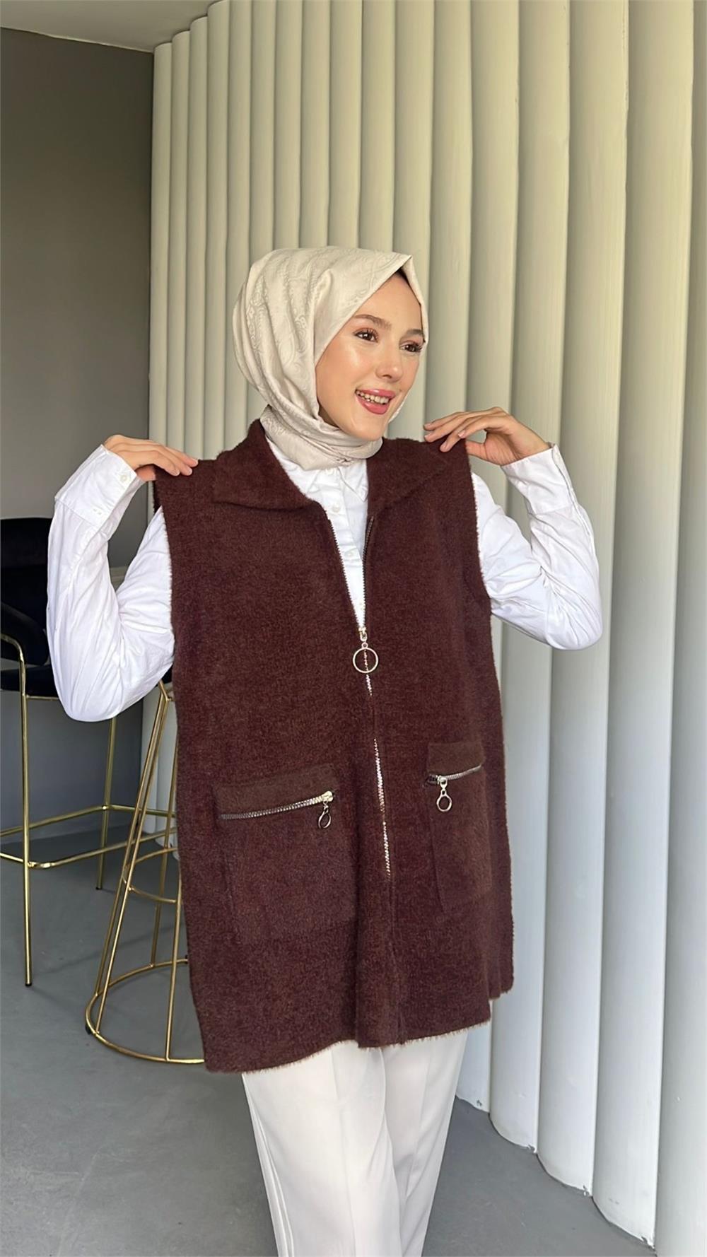 Önü Fermuarlı Torba Cepli Sakallı Yelek -Kahve-144-735-R15
