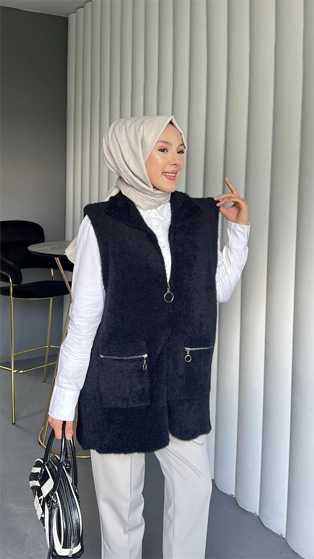 Önü Fermuarlı Torba Cepli Sakallı Yelek -Siyah-144-735-R01