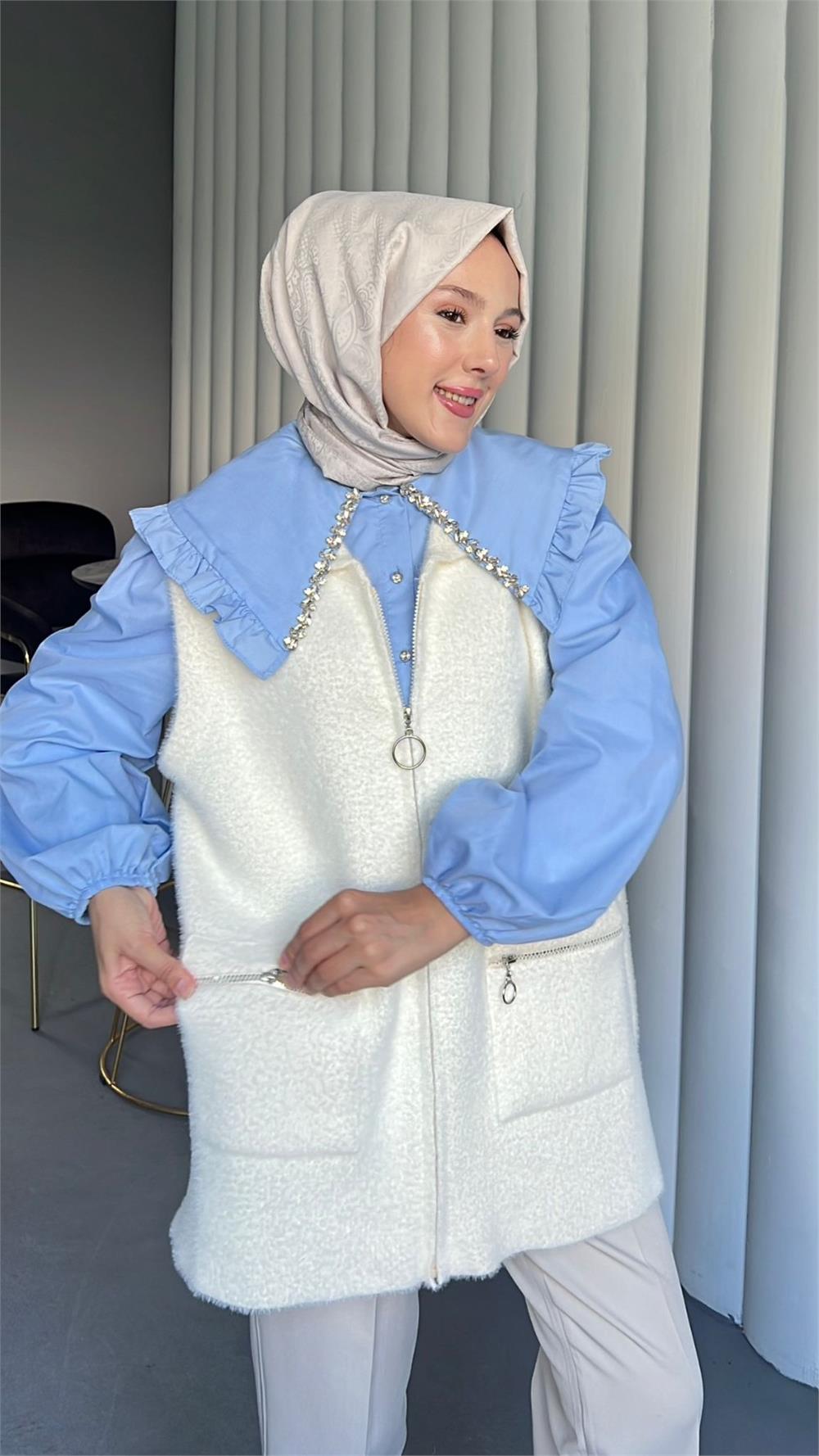 Önü Fermuarlı Torba Cepli Sakallı Yelek -Beyaz-144-735-R02