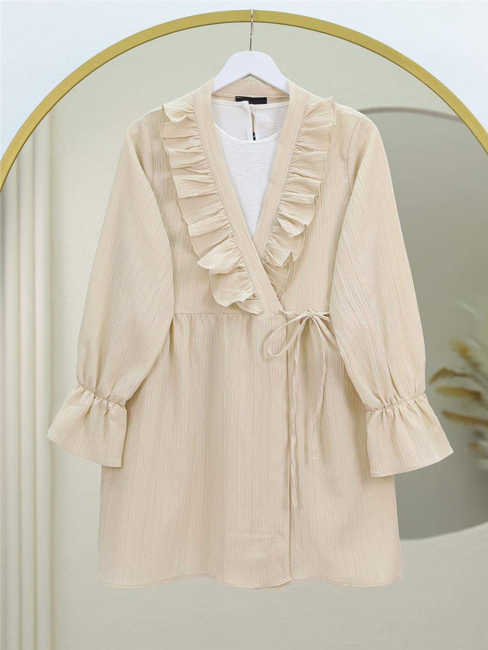 Önü Fırfırlı Bağlamalı Krinkıl Kimono -Bej-349-7005-R56