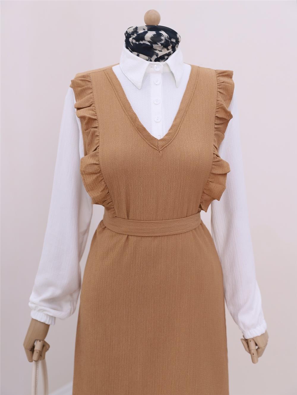 Frilly Front Half Buttoned Shirt Collar Double Crinkle Suit -Mink Color-186-632-R23