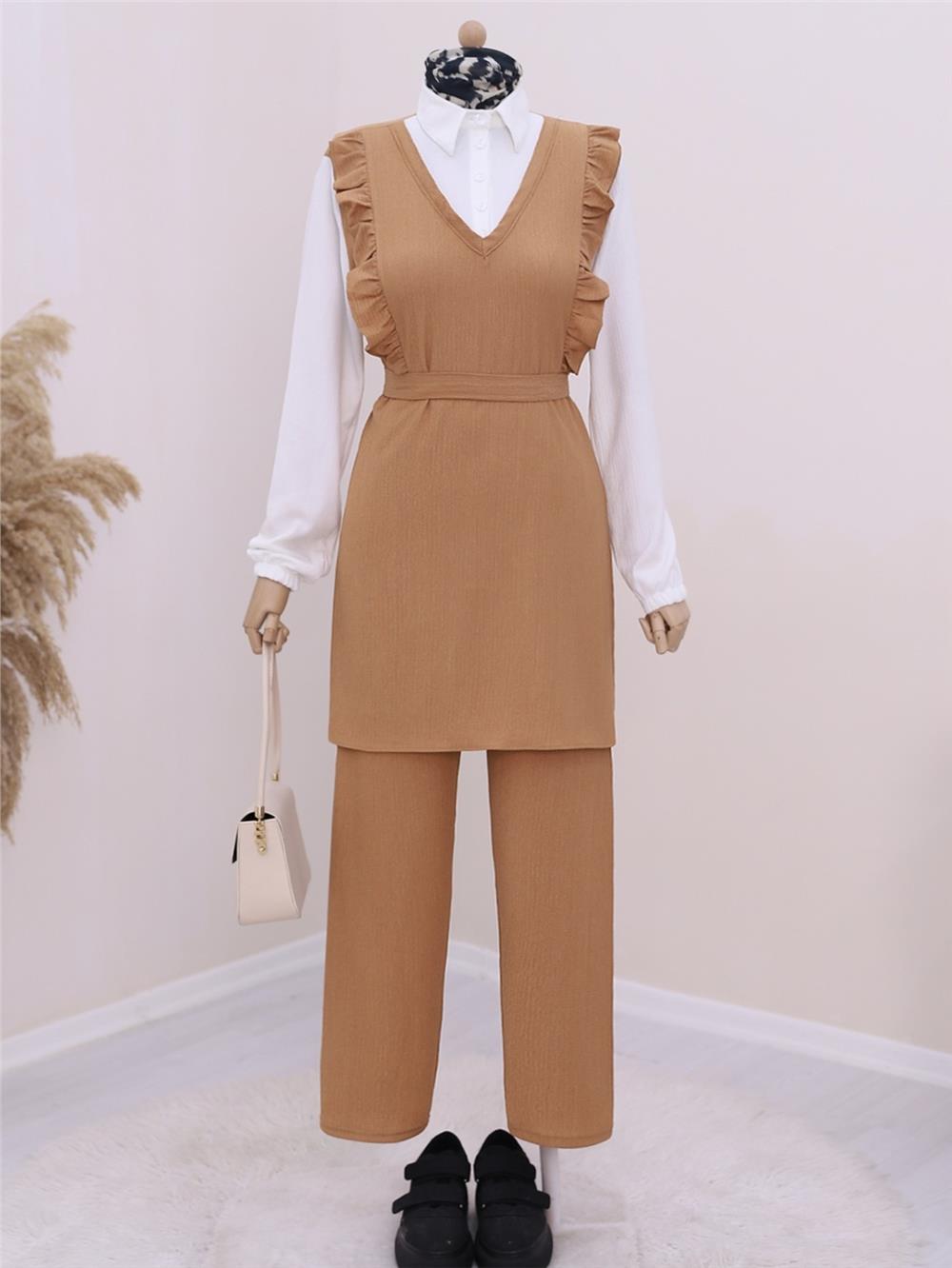 Frilly Front Half Buttoned Shirt Collar Double Crinkle Suit -Mink Color-186-632-R23