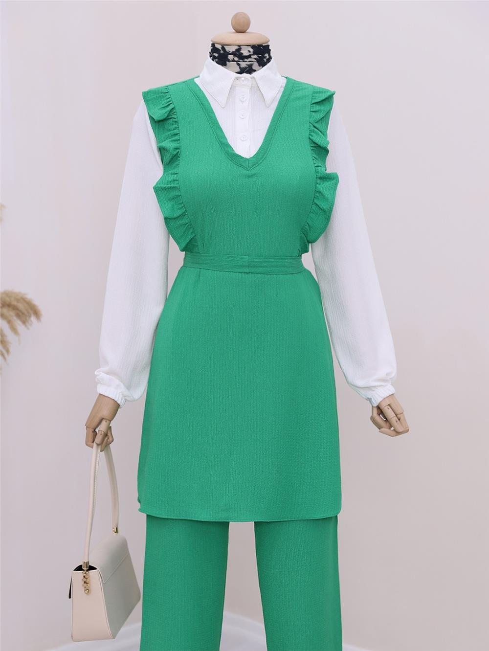 Frilly Front Half Buttoned Shirt Collar Double Crinkle Suit -Green-186-632-R35