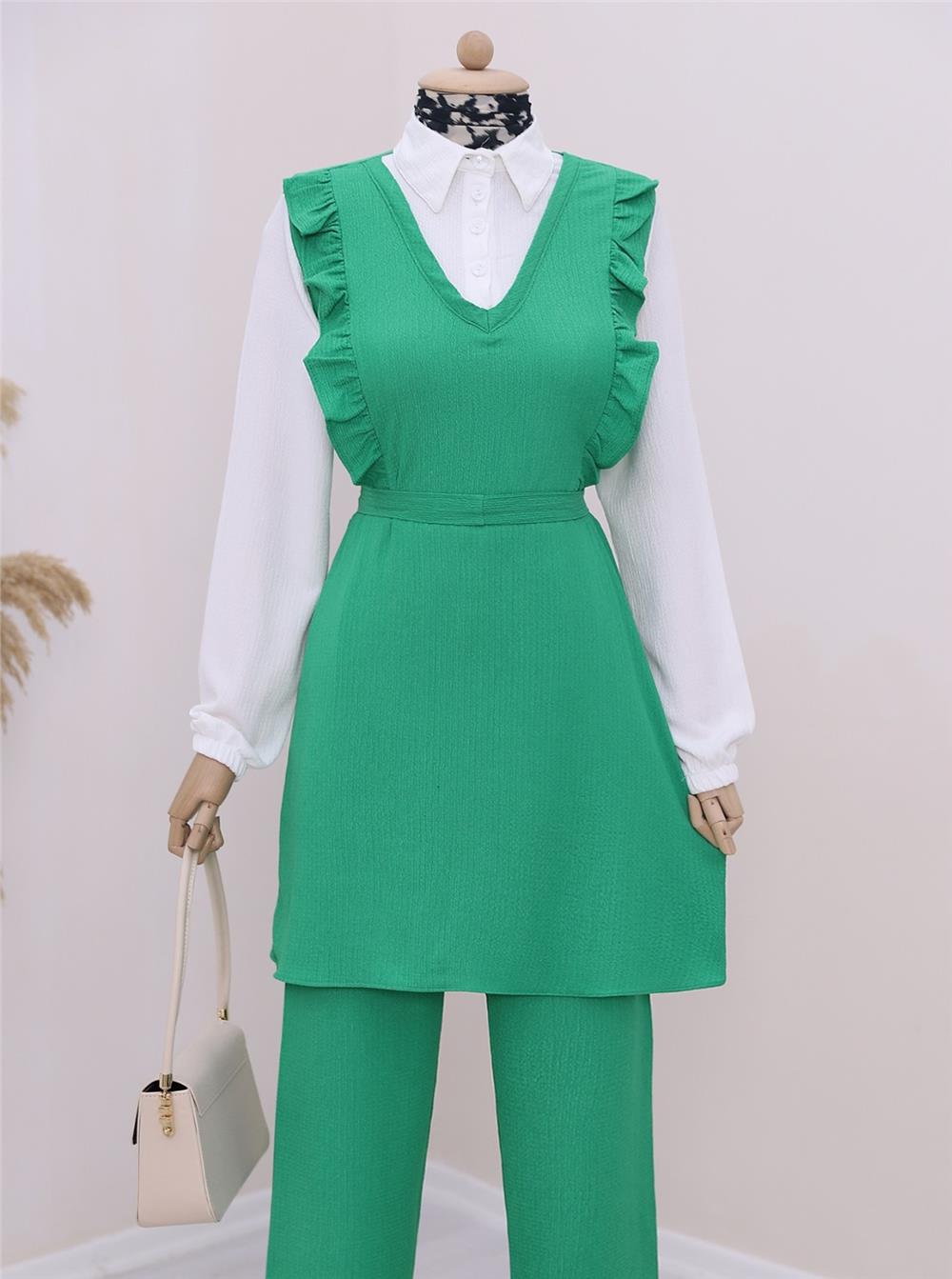 Frilly Front Half Buttoned Shirt Collar Double Crinkle Suit -Green-186-632-R35