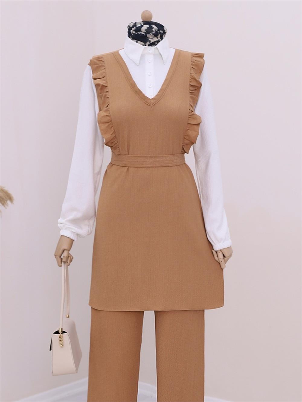 Frilly Front Half Buttoned Shirt Collar Double Crinkle Suit -Mink Color-186-632-R23